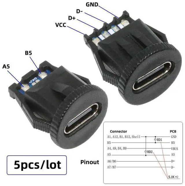 Alt view image 4 of 7 - Vszerda 5pcs/Set DIY OEM Type C Female Socket Connector to 6Pin PCBA Pinout Round Latch Mount Type DC 5V/20V PD Power IP67 for Wiring
