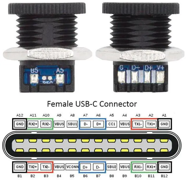 Alt view image 3 of 7 - Vszerda 5pcs/Set DIY OEM Type C Female Socket Connector to 6Pin PCBA Pinout Scew Nut Mount Type PD Power DC 5V/20V for Wiring