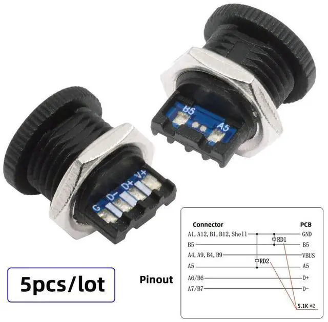 Alt view image 4 of 7 - Vszerda 5pcs/Set DIY OEM Type C Female Socket Connector to 6Pin PCBA Pinout Scew Nut Mount Type PD Power DC 5V/20V for Wiring