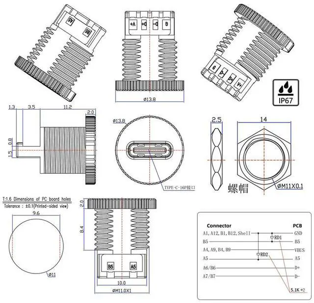 Alt view image 5 of 7 - Vszerda 5pcs/Set DIY OEM Type C Female Socket Connector to 6Pin PCBA Pinout Scew Nut Mount Type PD Power DC 5V/20V for Wiring