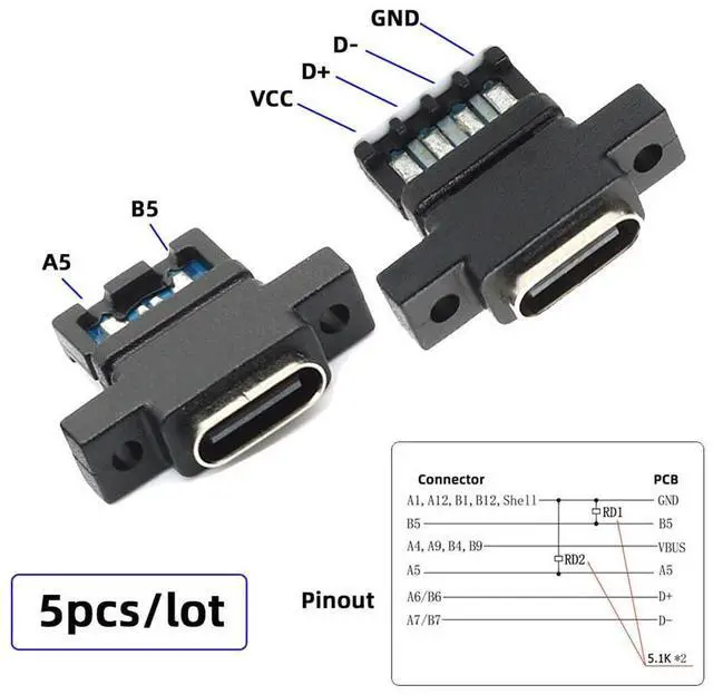 Alt view image 4 of 7 - Vszerda 5pcs/Set DIY OEM Type C Female Socket Connector to 6Pin PCBA Pinout Vertical Scew Mount Type DC 5V/20V PD Power for Wiring
