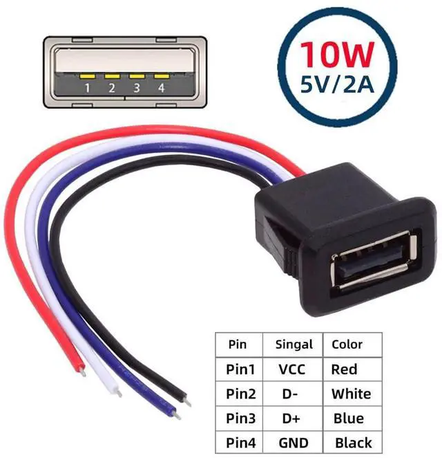 Alt view image 2 of 7 - Vszerda 2pcs/Set 24AWG USB 2.0 Pigtail Cable Type A Female Socket to 4Pin Open Cord Latch Mount Type DC 5V Power Data for DIY OEM Repair