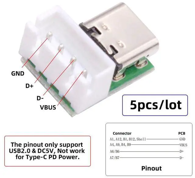 Alt view image 4 of 7 - Vszerda 5pcs/lot DIY OEM USB Type C Female Plug Socket Connector to 4Pin Pitch=2.54mm Wafer Socket Vertical USB2.0 Pinout Test Board DC 5V Power Receptacle Adapter Solder