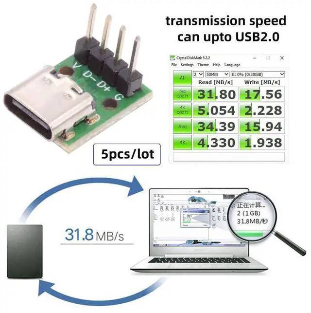 Alt view image 7 of 7 - Vszerda 5pcs/Set DIY OEM Type C Female Plug Socket Connector to 4Pin Pitch=2.54mm Contact Header Vertical USB2.0 Pinout Test Board DC 5V Power Receptacle Adapter Solder