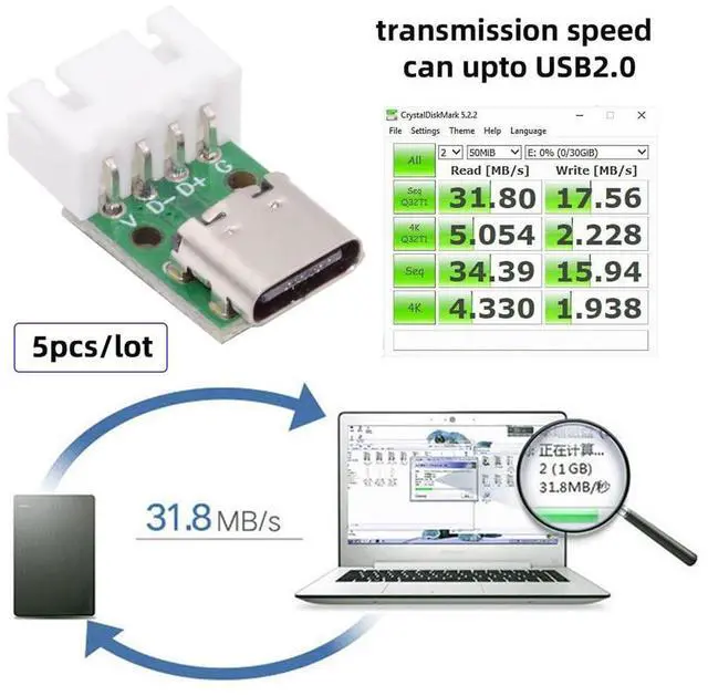 Alt view image 7 of 7 - Vszerda 5pcs/Set DIY OEM Type C Female Plug Socket Connector to 4Pin Pitch=2.54mm Wafer Socket Horizontal USB2.0 Pinout Test Board DC 5V Power Receptacle Adapter Solder