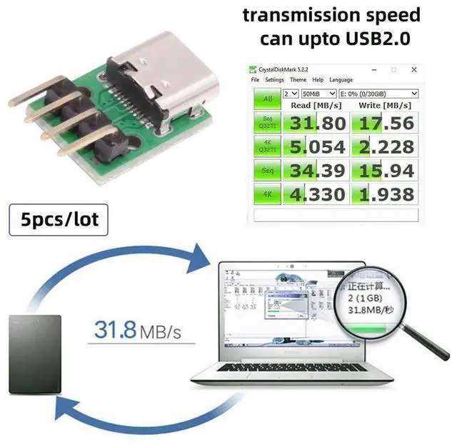 Alt view image 7 of 7 - Vszerda 5pcs/Set DIY OEM Type C Female Plug Socket Connector to 4Pin Pitch=2.54mm Contact Header Horizontal USB2.0 Pinout Test Board DC 5V Power Receptacle Adapter Solder