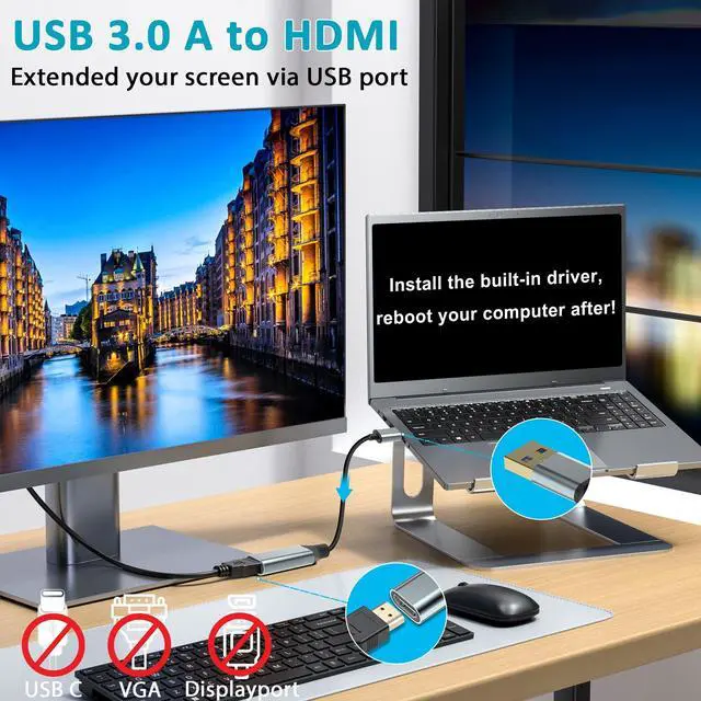 Alt view image 3 of 7 - Vszerda USB to HDMI Adapter [1080P Full HD, Built-in Driver] HDMI Adapter for Laptop to Monitor USB 3.0 to TV Screen Converter for MacOS/Windows 11/10/8.1/8/7 Computers Desktops PC MacBook