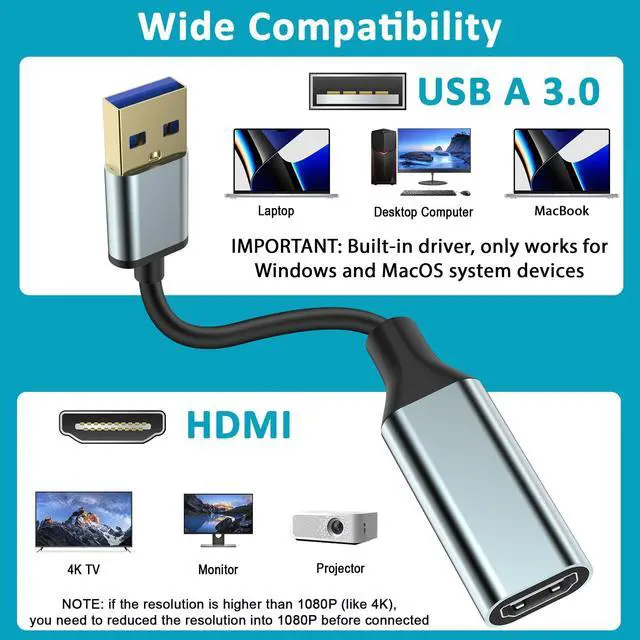 Alt view image 4 of 7 - Vszerda USB to HDMI Adapter [1080P Full HD, Built-in Driver] HDMI Adapter for Laptop to Monitor USB 3.0 to TV Screen Converter for MacOS/Windows 11/10/8.1/8/7 Computers Desktops PC MacBook