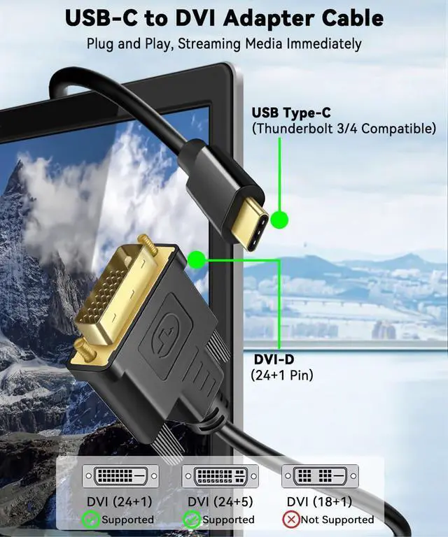 Alt view image 2 of 7 - Vszerda USB C to DVI Cable 6 Feet, 4K Type-C to DVI Adapter Cord Thunderbolt 3/4 Compatible for iPhone 16 15 Pro/Max, MacBook Pro/Air, iPad Pro, iMac, S23, XPS 17, Surface Book 3 and More