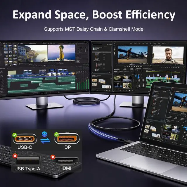 Alt view image 7 of 7 - Vszerda Displayport to USB C - Bidirectional USB C to DisplayPort 1.4 Cable Support 8K@60Hz Resolution Braided Thunderbolt 4 Compatible with MacBook Pro/Air, Galaxy S25, iPad Pro, XPS 17, 6.56FT