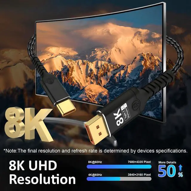 Alt view image 4 of 7 - Vszerda Displayport to USB C - Bidirectional USB C to DisplayPort 1.4 Cable Support 8K@60Hz Resolution Braided Thunderbolt 4 Compatible with MacBook Pro/Air, Galaxy S25, iPad Pro, XPS 17, 6.56FT