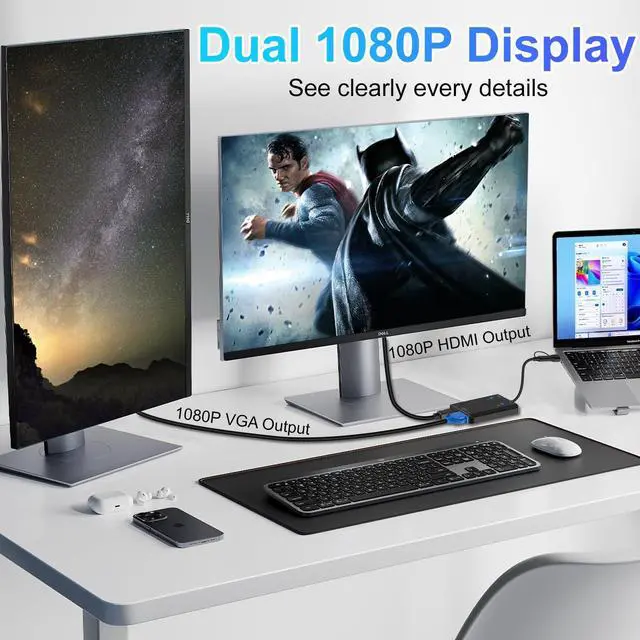 Alt view image 5 of 7 - Vszerda USB to HDMI VGA Adapter 2X 1080P@60Hz Dual Monitor Extender 1 in 2 Out External Graphics Card Support Windows MacOS M1/M2 Systems, Built-in Driver, Simultaneously Output VGA+HDMI