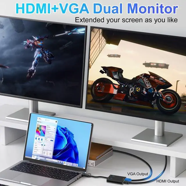 Alt view image 4 of 7 - Vszerda USB to HDMI VGA Adapter 2X 1080P@60Hz Dual Monitor Extender 1 in 2 Out External Graphics Card Support Windows MacOS M1/M2 Systems, Built-in Driver, Simultaneously Output VGA+HDMI