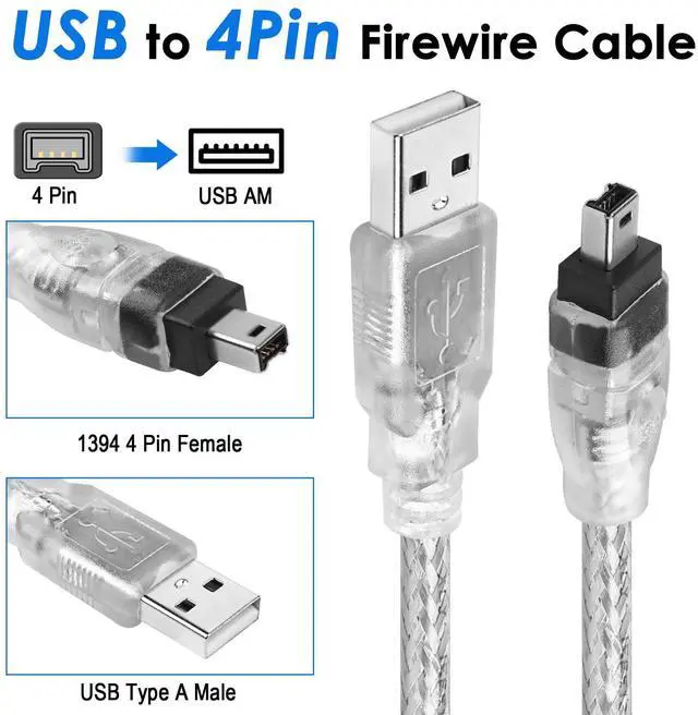 Alt view image 2 of 6 - Vszerda Firewire to USB Adapter Cable 4Pin IEEE 1394-a to USB 2.0 Converter Cord Firewire 400 Wire Lead for Connecting 4Pin 1394 Devices to USB Host Devices (Transparent Shell) 3ft