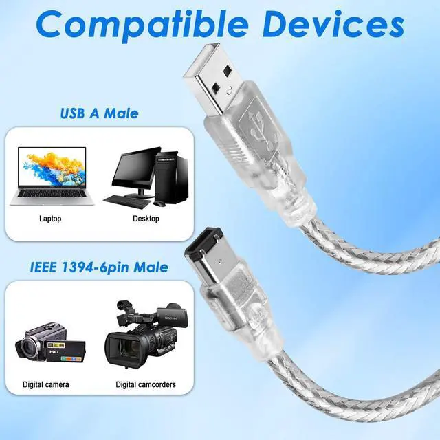 Alt view image 3 of 7 - Vszerda Firewire to USB Adapter Cable 6-Pin IEEE 1394 Male to USB 2.0 Male Converter Firewire 400 1394-a to USB A Connector Cord for Digital Video Camera Printer Hard Disk (Clear Cable) 1.8m/6ft