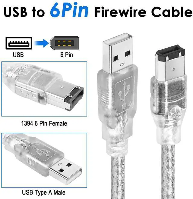 Alt view image 2 of 7 - Vszerda Firewire to USB Adapter Cable 6-Pin IEEE 1394 Male to USB 2.0 Male Converter Firewire 400 1394-a to USB A Connector Cord for Digital Video Camera Printer Hard Disk (Clear Cable) 1.8m/6ft
