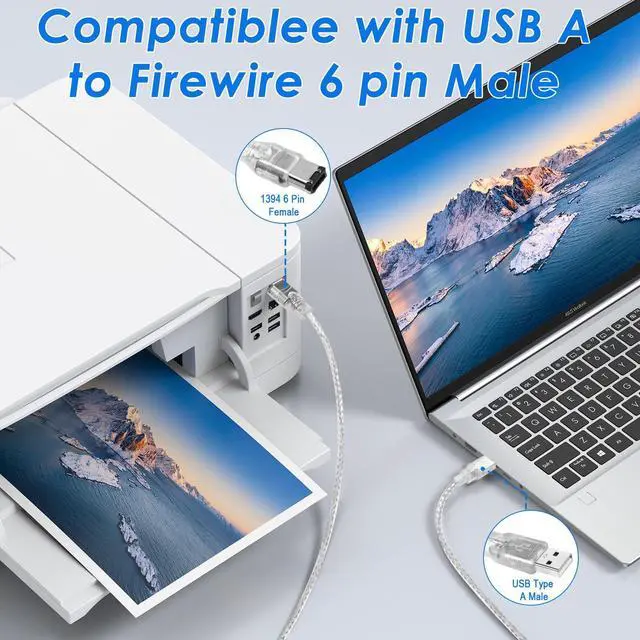 Alt view image 5 of 7 - Vszerda Firewire to USB Adapter Cable 6-Pin IEEE 1394 Male to USB 2.0 Male Converter Firewire 400 1394-a to USB A Connector Cord for Digital Video Camera Printer Hard Disk (Clear Cable) 1.8m/6ft