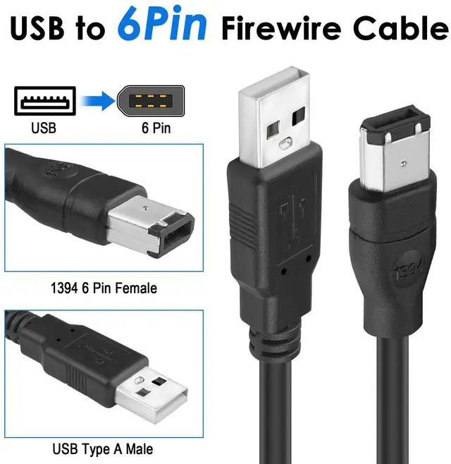Alt view image 2 of 7 - Vszerda Firewire to USB Adapter Cable 6-Pin IEEE 1394 Male to USB 2.0 Male Converter Firewire 400 1394-a to USB A Connector Cord for Printer Scanner Hard Disk (Not Compatible with Sound Card) 1.8m/6ft