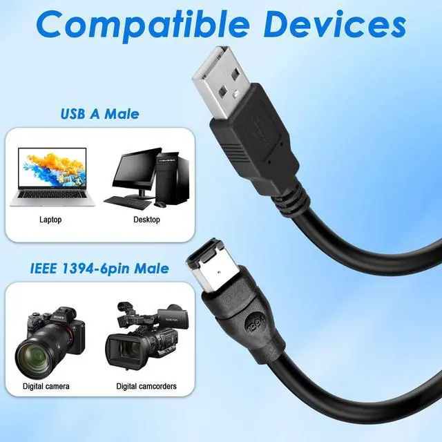 Alt view image 3 of 7 - Vszerda Firewire to USB Adapter Cable 6-Pin IEEE 1394 Male to USB 2.0 Male Converter Firewire 400 1394-a to USB A Connector Cord for Printer Scanner Hard Disk (Not Compatible with Sound Card) 1.8m/6ft