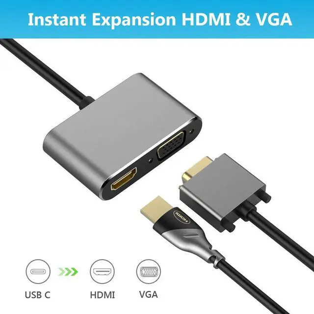 Alt view image 2 of 6 - Vszerda USB C to HDMI VGA Adapter, 2 in 1 Thunderbolt 3 Type-C to VGA 4K HDMI Converter for Dual Monitor Adapter Compatible with MacBook Pro, iPhone 16 15 Pro Max, Surface Pro, PC, etc