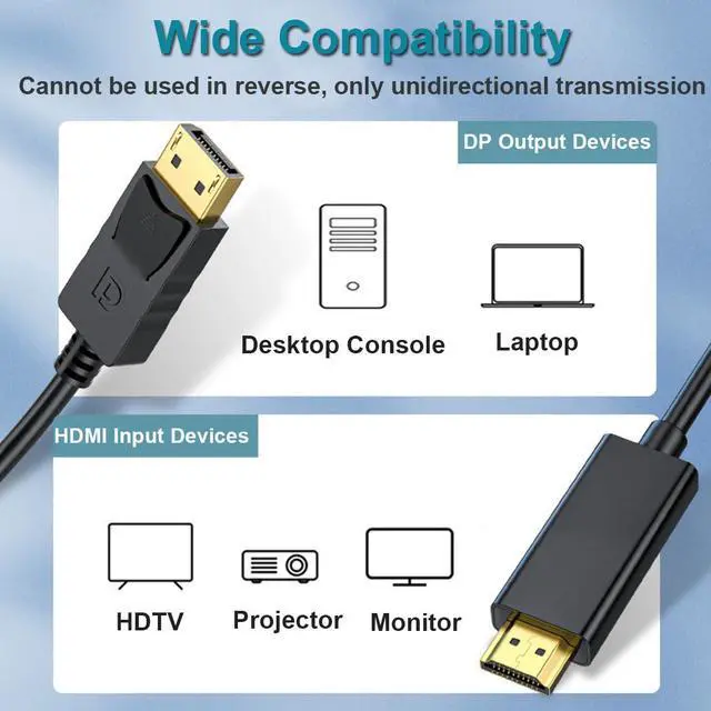 Alt view image 6 of 7 - Vszerda DisplayPort to HDMI Cable, Uni-Directional 4K DP to HDMI Cable 6 Feet, 4K@30Hz, 1080P Full HD, Male to Male Compatible for Computer, NVIDIA, AMD,  HP, ThinkPad, Monitor, etc