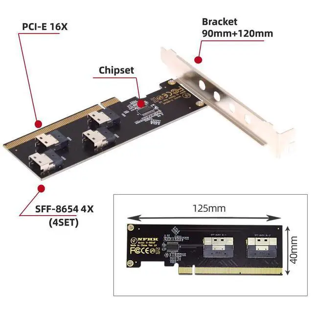 Alt view image 6 of 7 - Vszerda Slimline Four SFF-8654 4X 4 NVME to PCIE Express 3.0 4.0 Raid Card VROC Raid0 Hyper Adapter