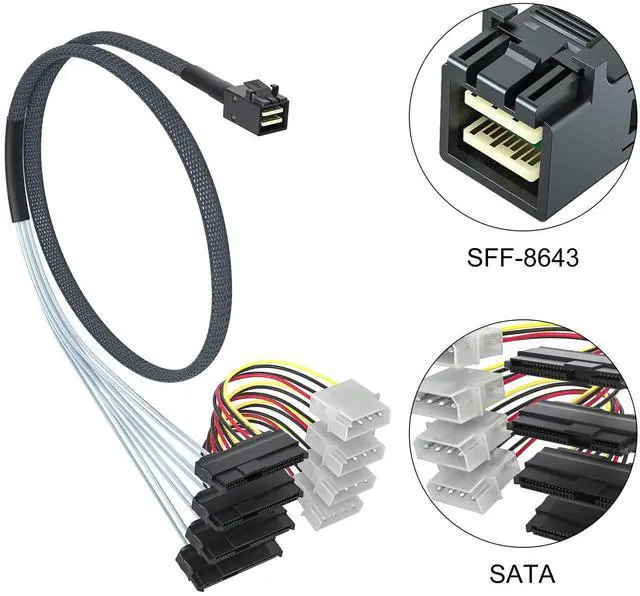 Alt view image 3 of 7 - Vszerda Internal Mini SAS HD SFF-8643 to 4xSFF-8482 Fan-Out SAS Cable with IDE Molex SATA Power for Raid Controller to Hard Drive, 12Gb/s, 0.75~0.8m(2.46~2.62ft)