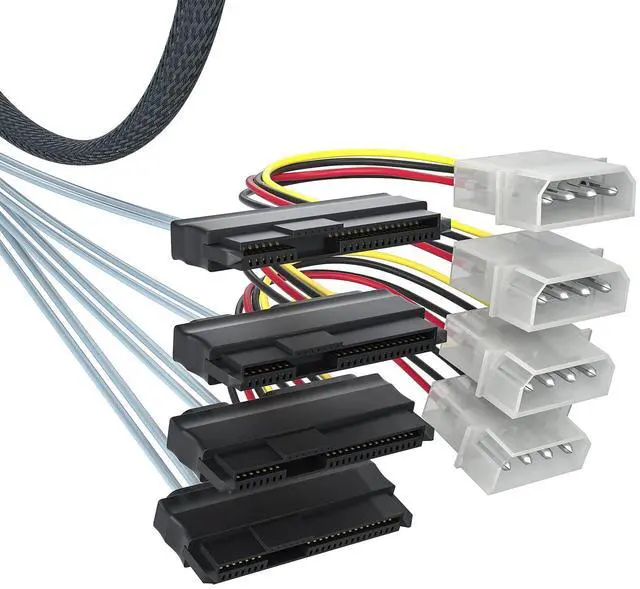 Alt view image 2 of 7 - Vszerda Internal Mini SAS HD SFF-8643 to 4xSFF-8482 Fan-Out SAS Cable with IDE Molex SATA Power for Raid Controller to Hard Drive, 12Gb/s, 0.75~0.8m(2.46~2.62ft)