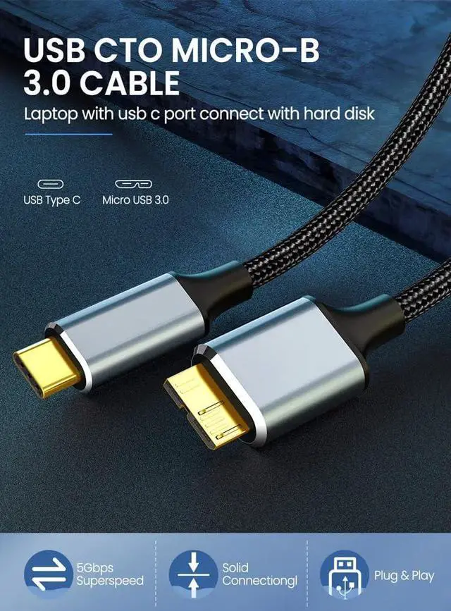 Alt view image 3 of 7 - Vszerda USB Micro B to USB Type C Cable 10 Gbps Fast Data Transfer Cord 3A Quick Charge Compatible with MacBook, iPad, Galaxy S24, Laptop, External Hard Drive - Nylon Black Wire 2.0 M / 6.5 Feet