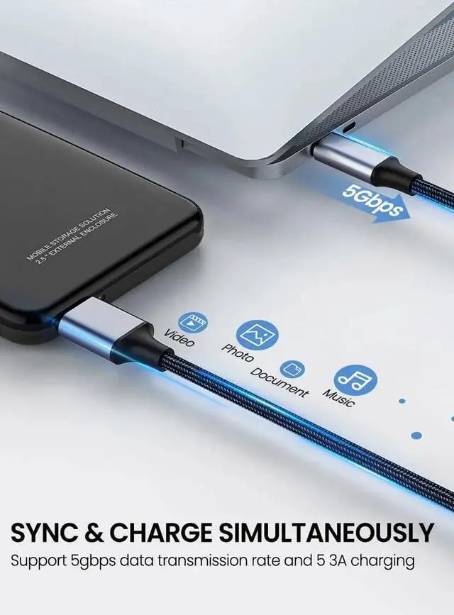 Alt view image 6 of 7 - Vszerda USB Micro B to USB Type C Cable 10 Gbps Fast Data Transfer Cord 3A Quick Charge Compatible with MacBook, iPad, Galaxy S24, Laptop, External Hard Drive - Nylon Black Wire 2.0 M / 6.5 Feet