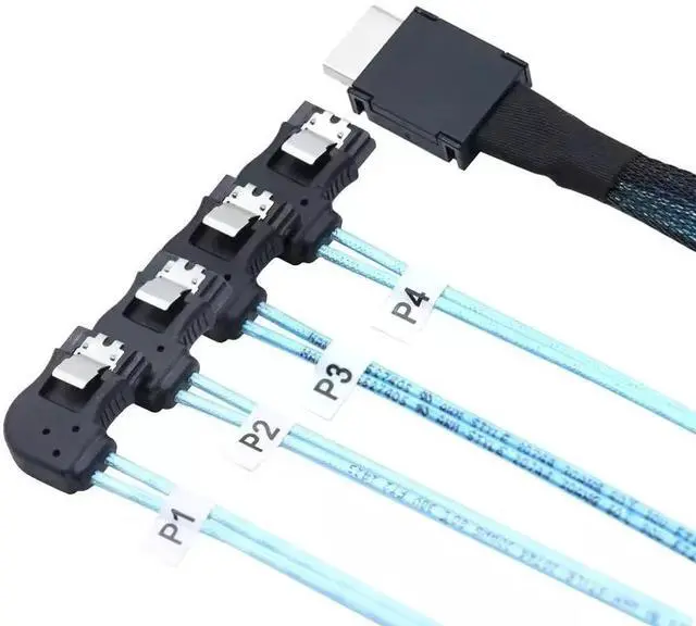 Alt view image 2 of 4 - Vszerda OCuLink PCIE SAS SFF-8611 4i to 4 Ports SATA 7P Right-Angle Connector Data Cable 50CM