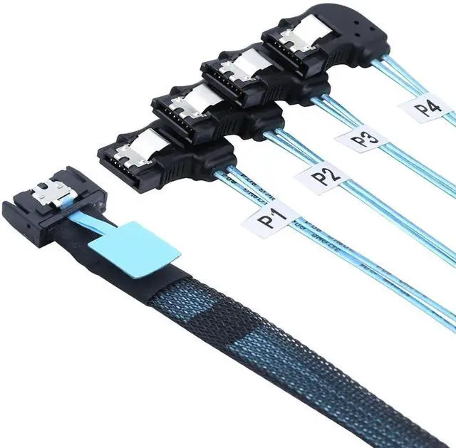 Alt view image 3 of 6 - Vszerda PCIE Slimline Mini SAS MCIO SFF-8654 38P to 4X SATA Left Angle Hard Drive Cable 100CM