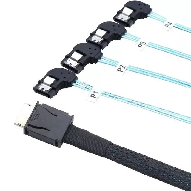 Alt view image 2 of 5 - Vszerda OCuLink PCI-E SAS SFF-8611 4i to 4 Ports SATA 7P Left Angle Hard Drive Cable 50CM