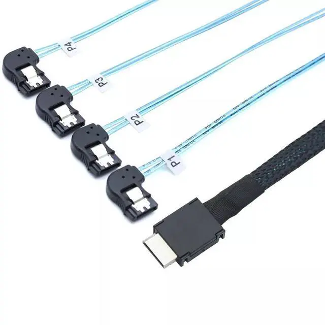 Alt view image 4 of 5 - Vszerda OCuLink PCI-E SAS SFF-8611 4i to 4 Ports SATA 7P Left Angle Hard Drive Cable 50CM