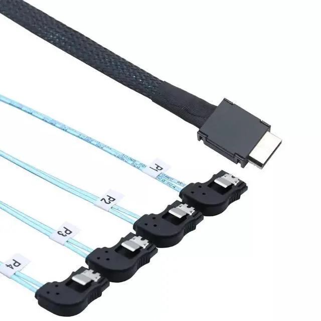 Alt view image 5 of 5 - Vszerda OCuLink PCI-E SAS SFF-8611 4i to 4 Ports SATA 7P Left Angle Hard Drive Cable 50CM