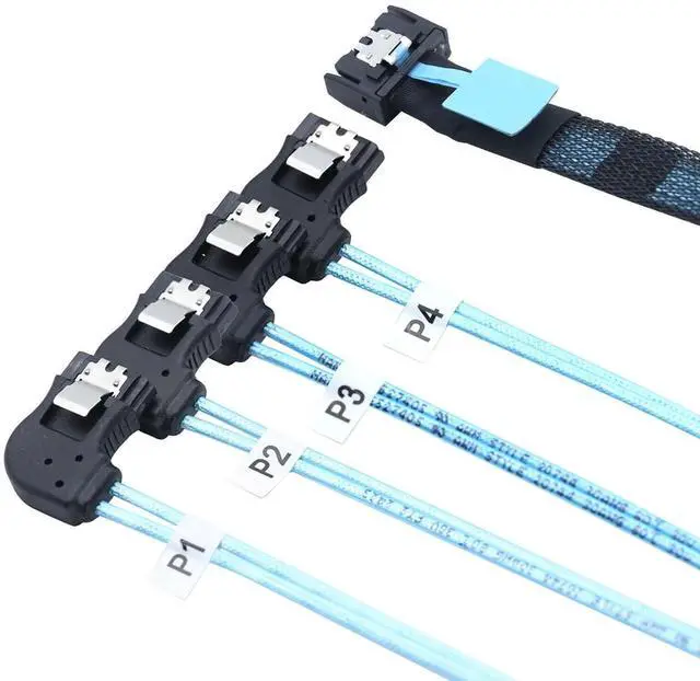 Alt view image 2 of 3 - Vszerda Slimline Mini SAS MCIO SFF-8654 4I 38P to 4X SATA Right Angle Hard Drive Cable 80CM