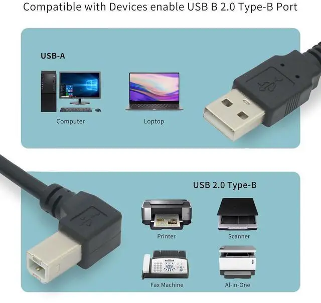 Alt view image 5 of 6 - Vszerda 59" USB 2.0 High Speed Right Angle Printer/Scanner Cable - 90 Degree USB A Male to B Male - 4.9 Feet