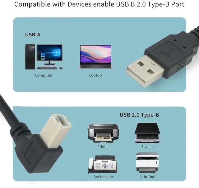 Alt view image 3 of 6 - Vszerda 59inch High Speed 90 Degree USB 2.0 A Male to B Male Printer Scanner Cable with 480Mbps (4.9Feet)