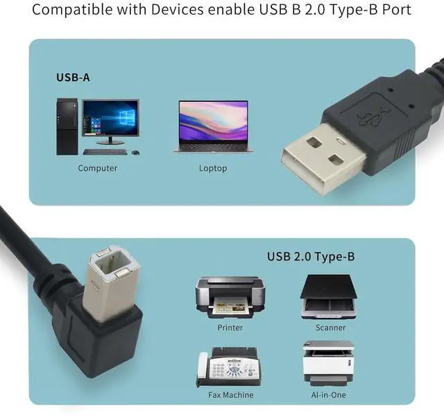 Alt view image 4 of 6 - Vszerda 59inch USB 2.0 High Speed Printer/Scanner Right Angle Cable USB Printer Cable 90 Degree USB 2.0 A Male to B Male Printer Scanner USB B Cable Cord with 480Mbps (Down Angle, 4.9Feet)