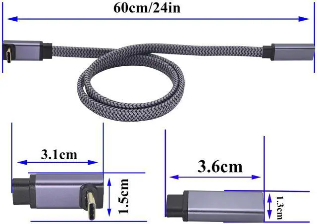 Alt view image 2 of 7 - Vszerda Up&Down Angle USB C to USB C Braided Cable 10Gbps Data Transfer 4K Video Output Fast Charging 90 Degree Type C Male to Type C Female Monitor Cord For Mobile Phones,Computers,etc(UP/M/F-0.6M)