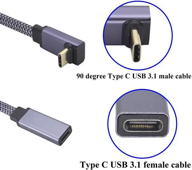 Alt view image 3 of 7 - Vszerda Up&Down Angle USB C to USB C Braided Cable 10Gbps Data Transfer 4K Video Output Fast Charging 90 Degree Type C Male to Type C Female Monitor Cord For Mobile Phones,Computers,etc(UP/M/F-0.6M)