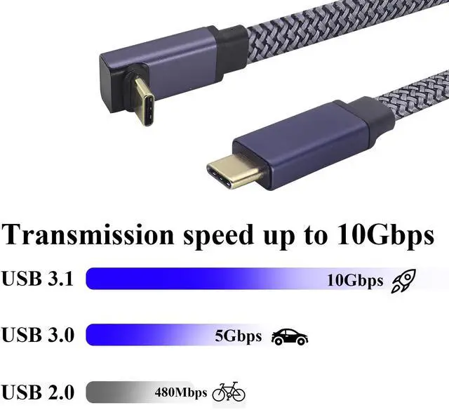 Alt view image 4 of 7 - Vszerda Up&Down Angle USB C to USB C Braided Cable 10Gbps Data Transfer 4K Video Output Fast Charging 90 Degree Type C Male to Type C Female Monitor Cord For Mobile Phones,Computers,etc(UP/M/F-0.6M)