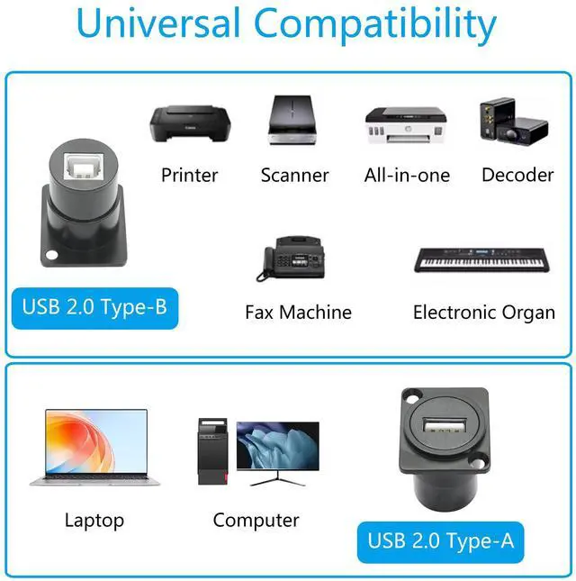 Alt view image 6 of 7 - Vszerda 2Pcs USB Panel Mount Adapter, D Type USB A Female to USB B Female 2.0 Print Connector Adapter with Install Screw, for Printer, Scanner and More