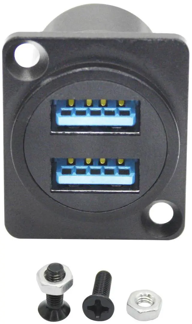 Main image of Vszerda Dual USB 3.0 Panel Mount Connector Adapter, D-Type USB Female to Female Through Socket with Install Screw, High Speed 5Gbps Data Transfer, 5V/2A Power (Black)