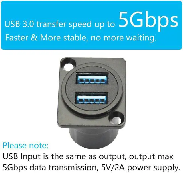 Alt view image 3 of 7 - Vszerda Dual USB 3.0 Panel Mount Connector Adapter, D-Type USB Female to Female Through Socket with Install Screw, High Speed 5Gbps Data Transfer, 5V/2A Power (Black)