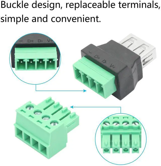 Alt view image 2 of 7 - Vszerda 2Pcs USB 2.0 A Female to 4 Pin Screw Terminal Adapter, USB A Quick Connect Solderless Connector Converter, for USB Device Charging and Data Transfer
