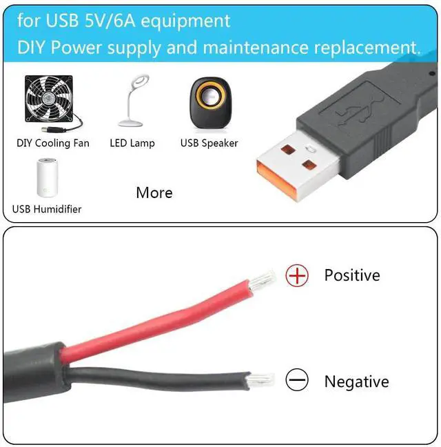 Alt view image 6 of 7 - Vszerda 4Pcs USB A Male to 2 Pin Bare Wire 11inch, 18AWG 5V/6A 2 Pin Pigtail Open End Power Cord, for USB Equipment Installed or Replace Repair DIY Cable