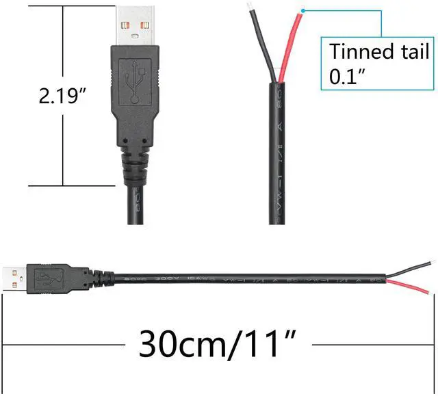 Alt view image 7 of 7 - Vszerda 4Pcs USB A Male to 2 Pin Bare Wire 11inch, 18AWG 5V/6A 2 Pin Pigtail Open End Power Cord, for USB Equipment Installed or Replace Repair DIY Cable