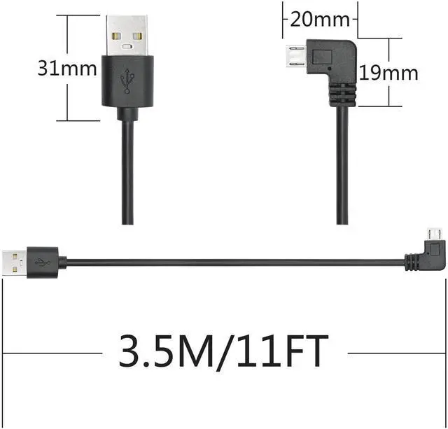 Alt view image 7 of 7 - Vszerda 11FT 90 Degree Micro USB Power Cable, Left Angle Micro USB Dash Cam Charging Cord, for Car Dash Cam, Phones and Other Devices Charging