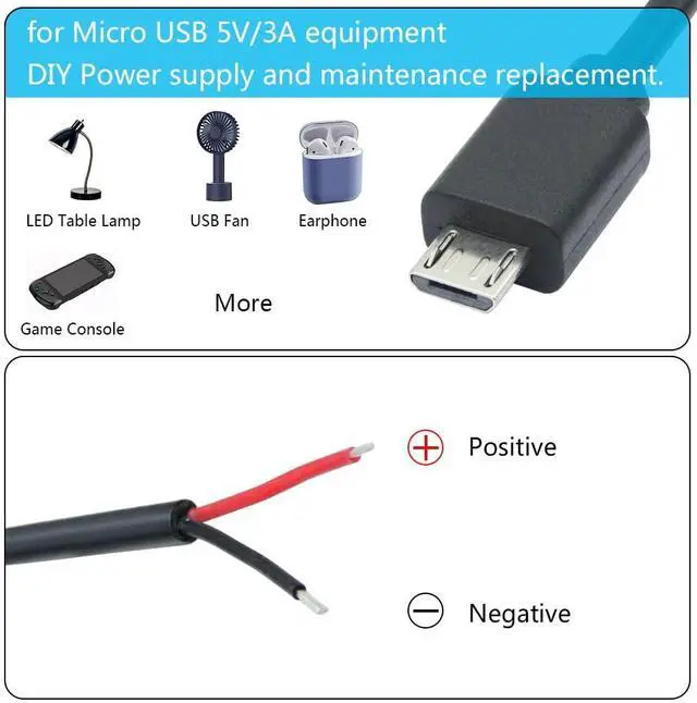 Alt view image 5 of 7 - Vszerda Short Micro USB Male & Female 2 Pin Bare Wire,30cm/11.8in Micro USB to Open End Pigtail Power Cable,Micro USB 22AWG 3A for Micro USB Equipment Installed or Replace Repair DIY Cable(4Pcs)